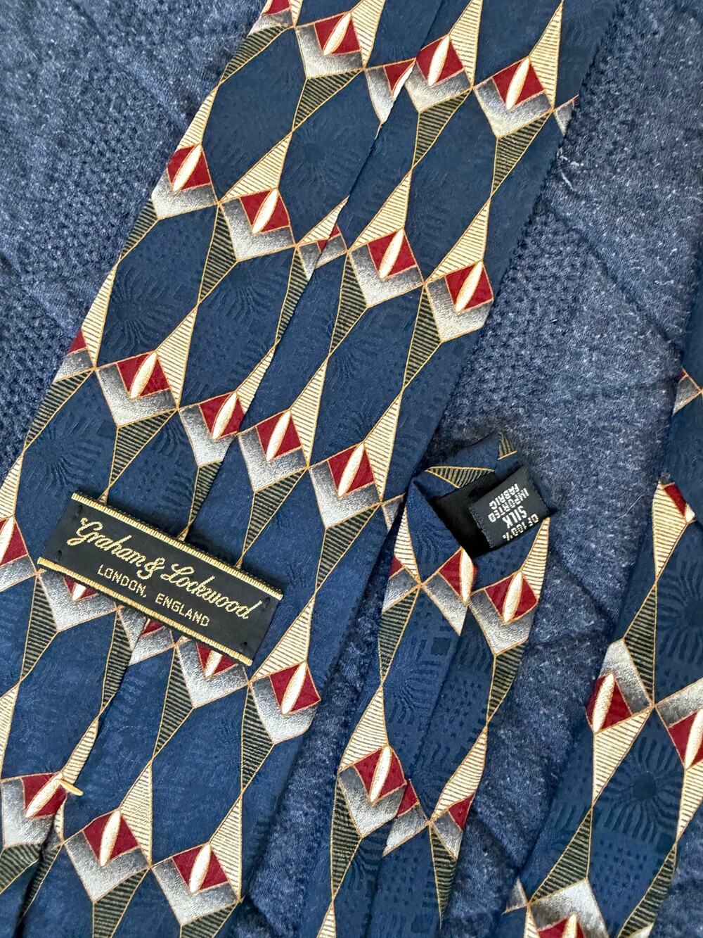 90's Graham & Lockwood London 100% Silk Tie Navy Red Gold Geometric 4" Wide